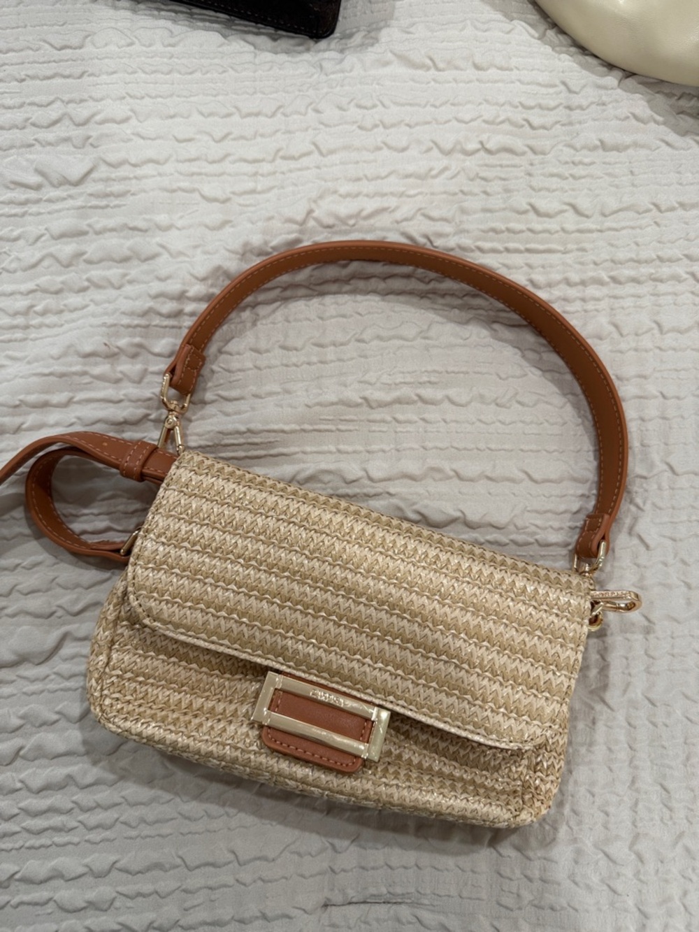 Beige Woven Shoulder Bag with Tan Leather Strap